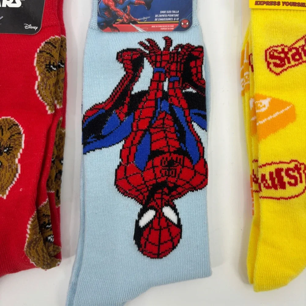 Mens Novelty Crew Socks Bundle 3pk Star Wars‎ Spider-Man Starburst Size 6-12 NEW